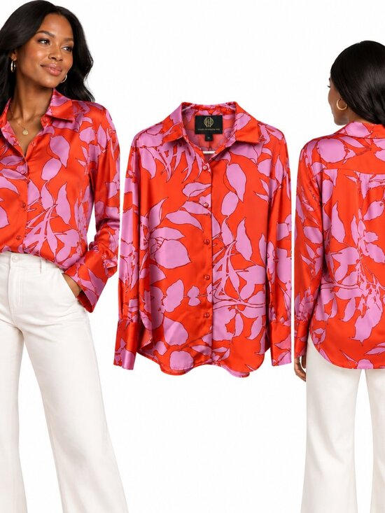 House of Harlow 1960 Tops - House of Harlow 1960 Floral Satin Button Blouse Pink Red Retro Statement Sz M